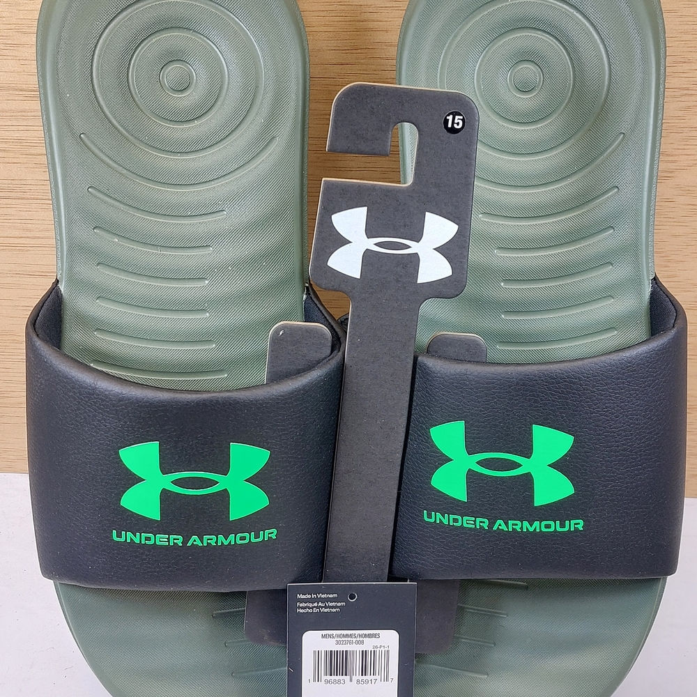 Under Armour Men's Slides in Olive Green and Neon Green Logo